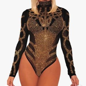 XL sheer long sleeve bodysuit with gold sequins